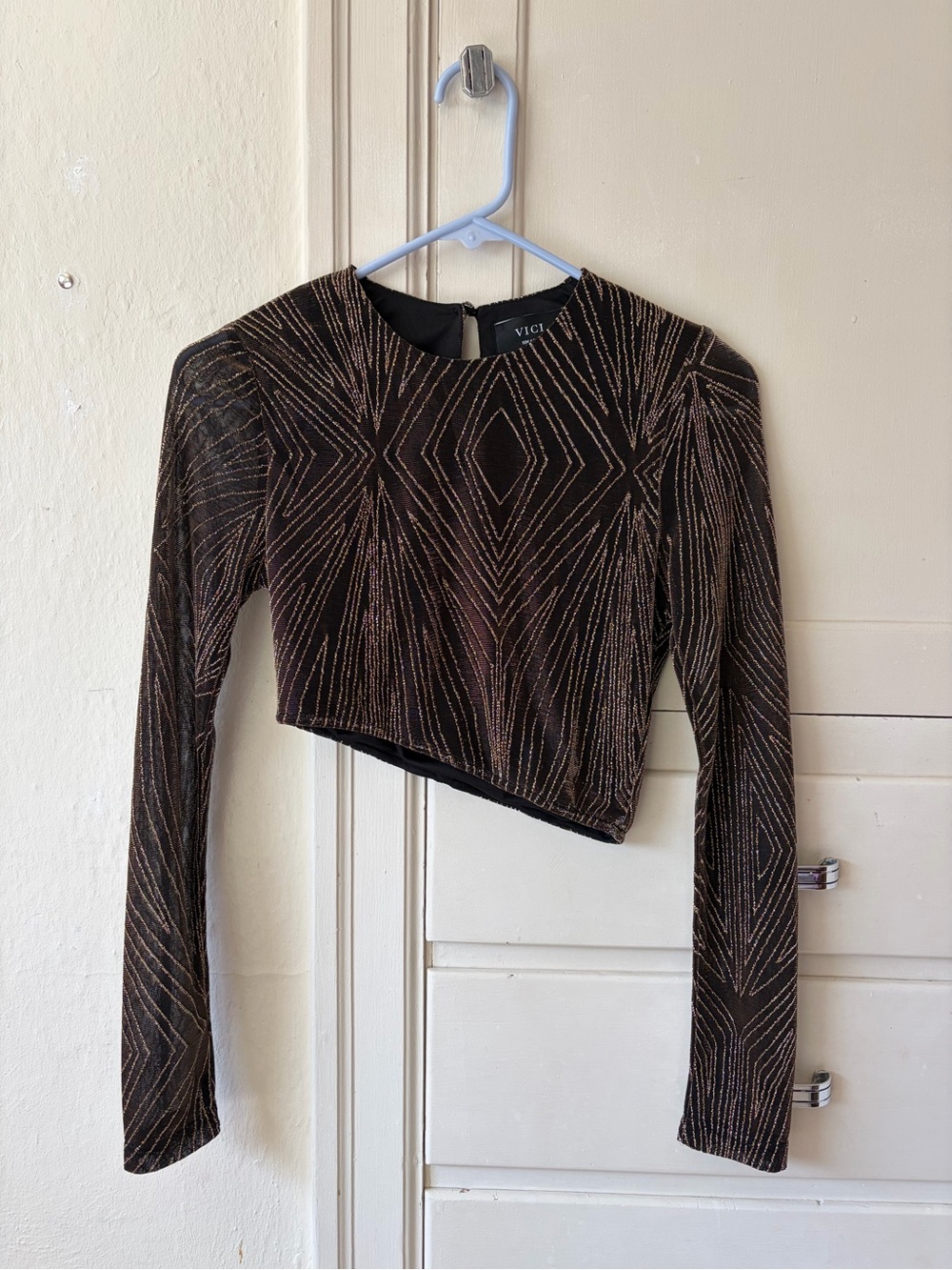 VICI Black Crop Top with Gold Geometric Sparkle